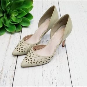Francesca's Restricted Laser Cut Pointed Toe Taupe Heels